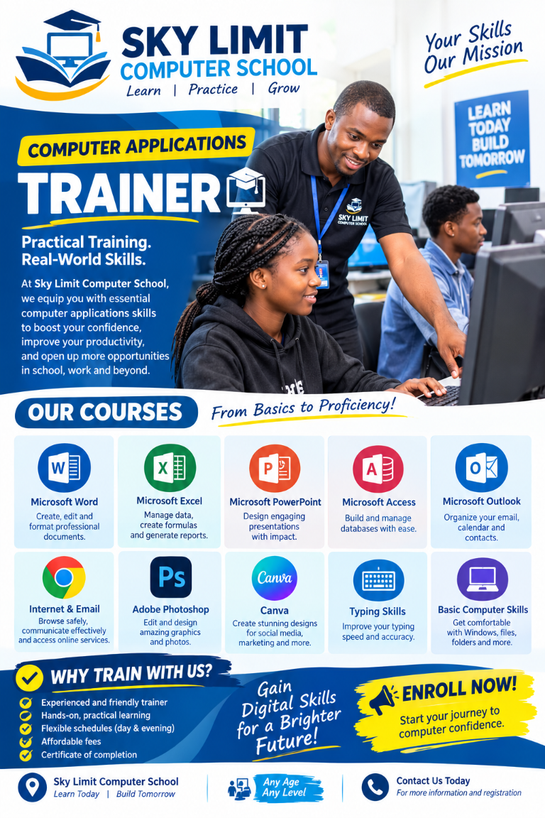 Sky Limit Computer School poster promoting computer applications training and practical digital skills